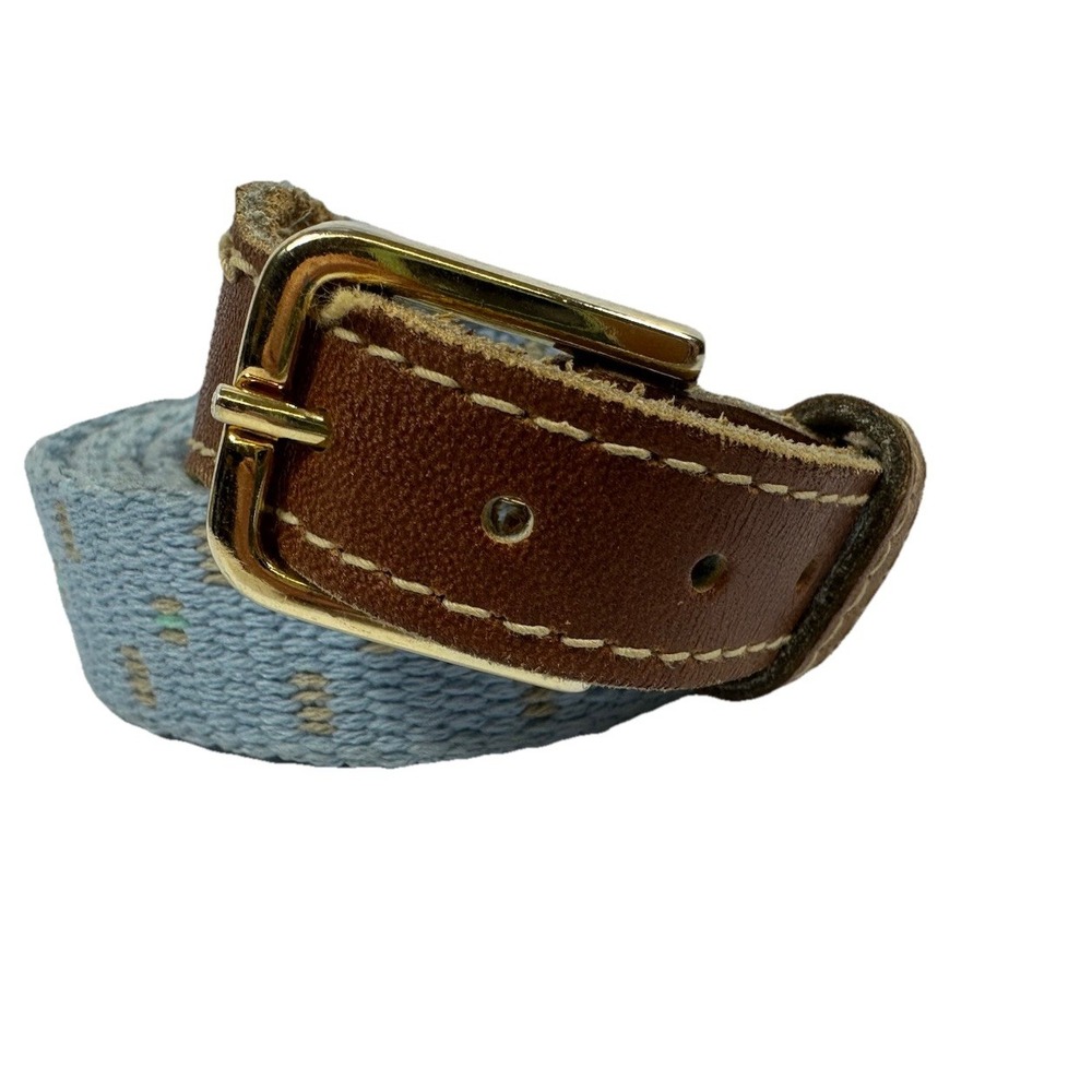 Light Pale Blue Cloth & Leather Belt Size 42 Preppy 1" Wide Unisex Woven